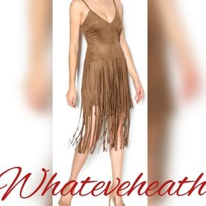 Faux Suede Fringe Midi Dress Spaghetti Straps